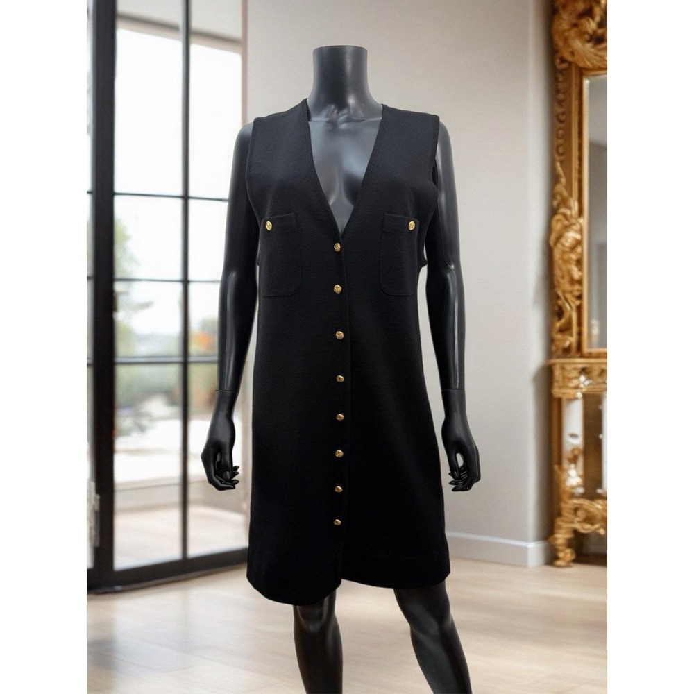 Stephanie Andrews Black Wool Blend Long‎ Knit Vest Dress Gold Buttons Size S
